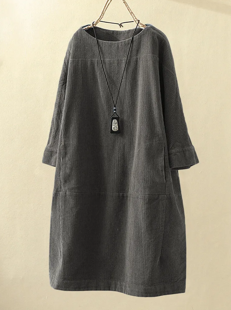 Thera - Midi Zomerjurk met Korte Mouw Ribfluweel Design